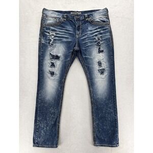 Affliction Gage Jeans Mens 42x34 Blue Medium Straight Stretch Denim Distressed